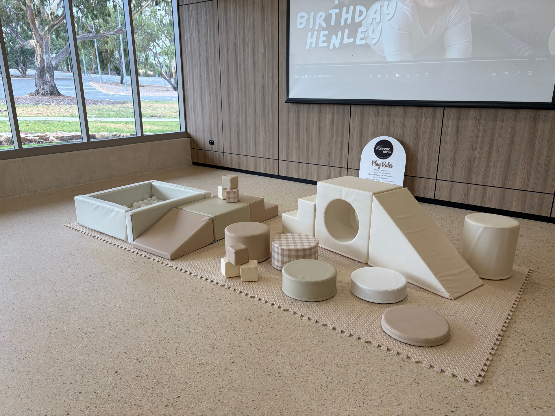 Neutral cream soft play setup with ball pit, climber and soft blocks styled for an Adelaide event.